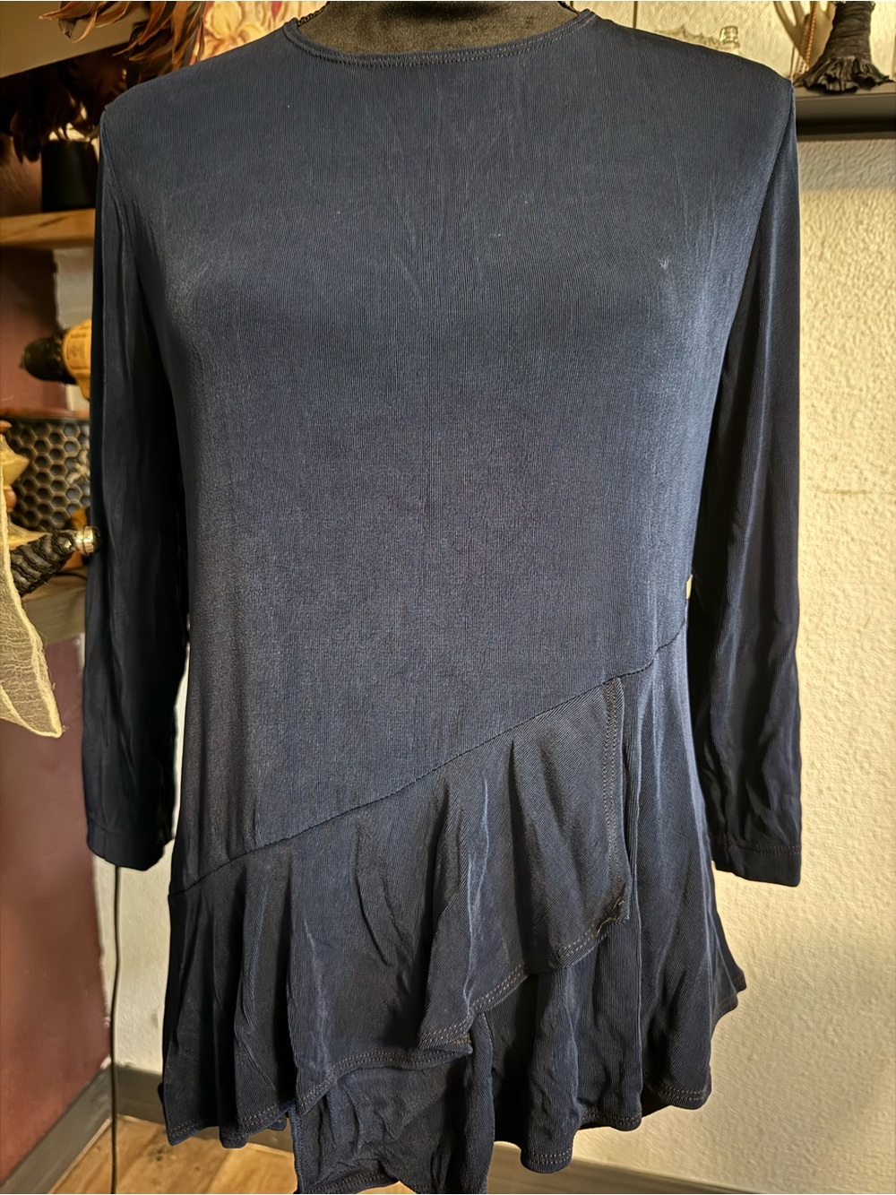 Piccadilly Fashions Navy Asymmetric Ruffle Tunic Top •Size S•